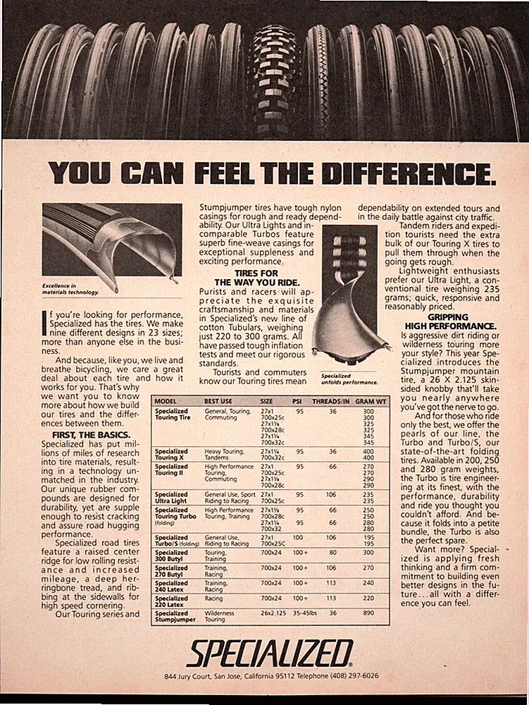 1981 Specialized Performnce Touring Tires Vintage Bicycle Print ad -San Jose CA