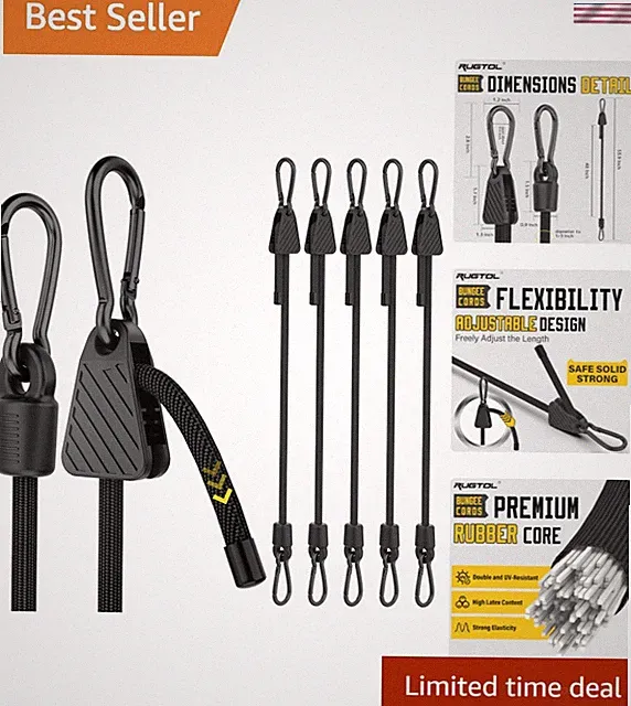 Adjustable Bungee Cords with Hooks, 6 Pack Heavy Duty Outdoor Carabiner Bunge...